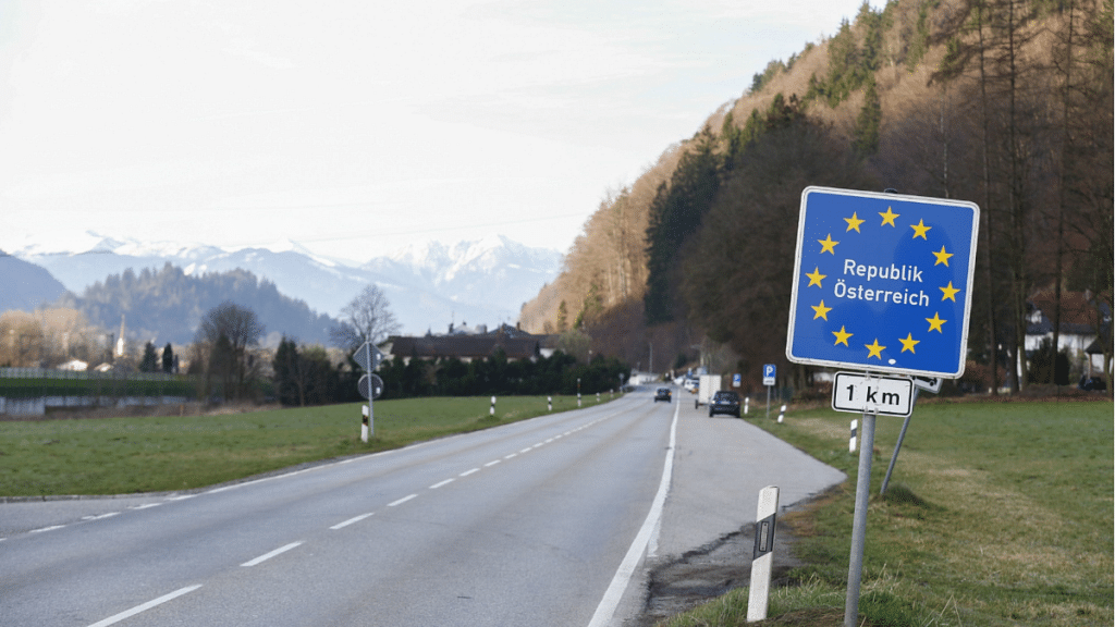 A European Union (EU) border sign on a road on Germany's border with Austria | Photo: Michaela Handrek-Rehle | Bloomberg
