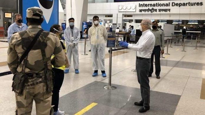 US Ambassador to India Kenneth Juster at the Delhi airport Sunday monitoring the repatriation process for US citizens. | Photo: Twitter/State_SCA