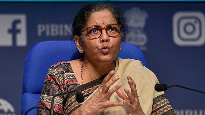 Nirmala Sitharaman addresses the fourth part of her press conference on the economic stimulus package announced by Prime Minister Narendra Modi, at the National Media Centre, in New Delhi, Saturday, May 16, 2020.(PTI Photo/Vijay Verma)