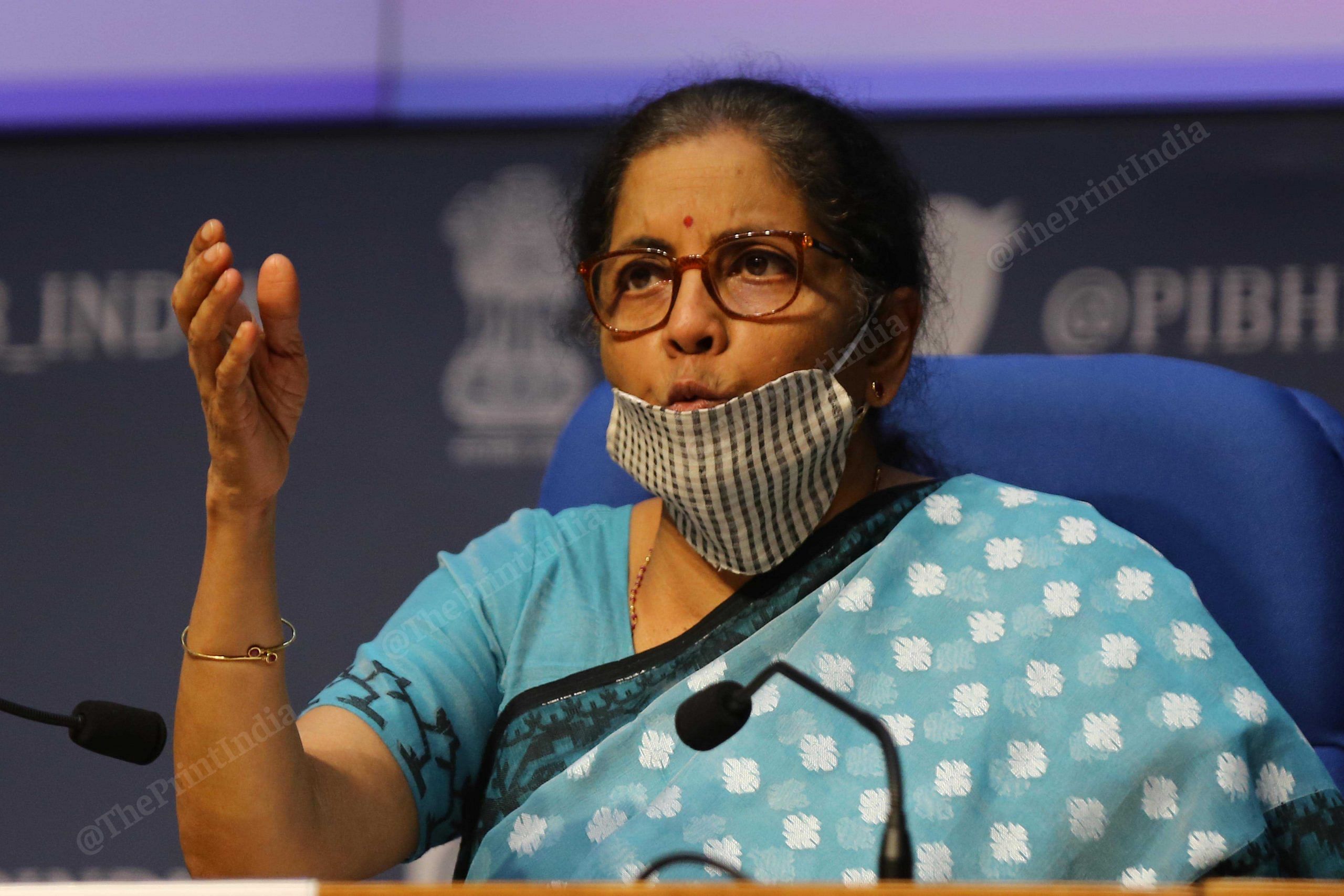 Finance Minister Nirmala Sitharamn in the first of the five press conferences about the Rs 20 lakh crore Covid-19 economic package | Photo by Suraj Singh Bisht