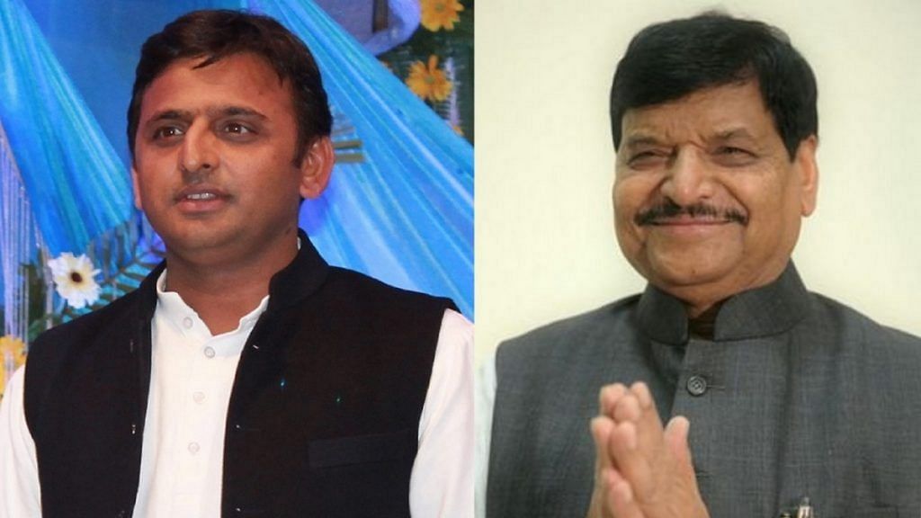 Samajwadi Party president Akhilesh Yadav (left) and his uncle and Pragatisheel Samajwadi Party Lohia leader Shivpal Singh Yadav | Photos: Commons | Twitter