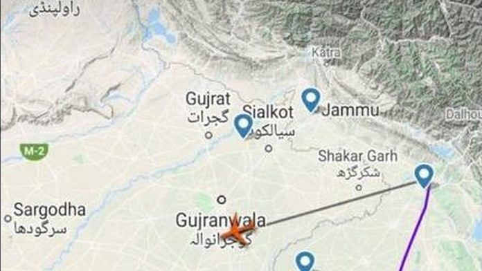 Screenshot from Flightradar24.com, showing a flight heading into Pakistan from India