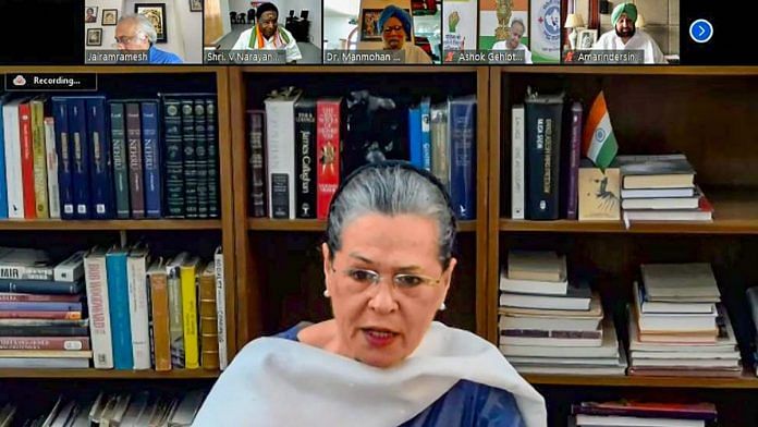 Congress interim president Sonia Gandhi speaks with part leaders and CMs of Congress-ruled states | PTI via INC/Twitter