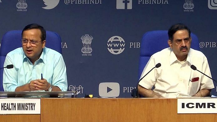Health ministry joint secretary Lav Agarwal (left) and ICMR DG Balram Bhargava address a press briefing Tuesday | Photo: ANI