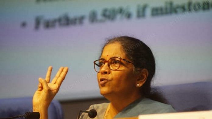 Finance Minister Nirmala Sitharaman announcing the fifth tranche of the economic package Sunday | Photo: Praveen Jain | ThePrint
