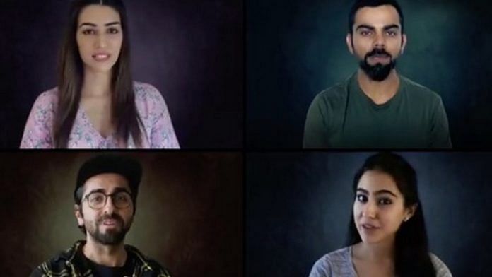 (Clockwise from top left) Kriti Sanon, Virat Kohli, Sara Ali Khan and Ayushmann Khurrana feature in TikTok's anti-fake news campaign video | Screengrab