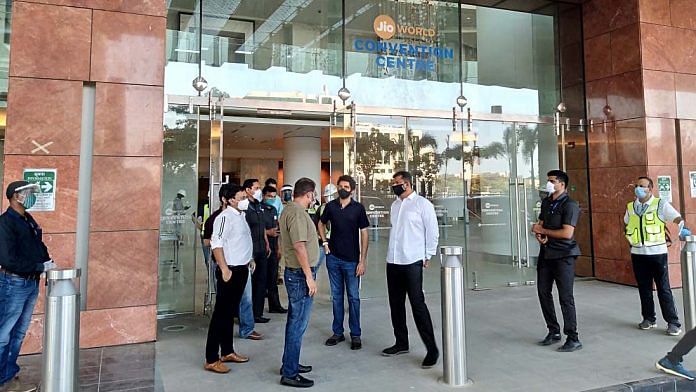 Aslam Shaikh and Maharashtra Environment and Tourism Minister Aditya Thackeray visited Jio Convention Center as Reliance Jio Convention Centre to be converted into Corona Care Center at Bandra-Kurla Complex, in Mumbai on Sunday. | ANI