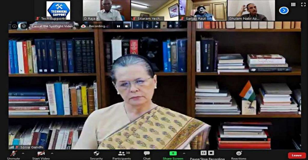 Congress interim president Sonia Gandhi interacts with other opposition leaders by video link Friday | ANI