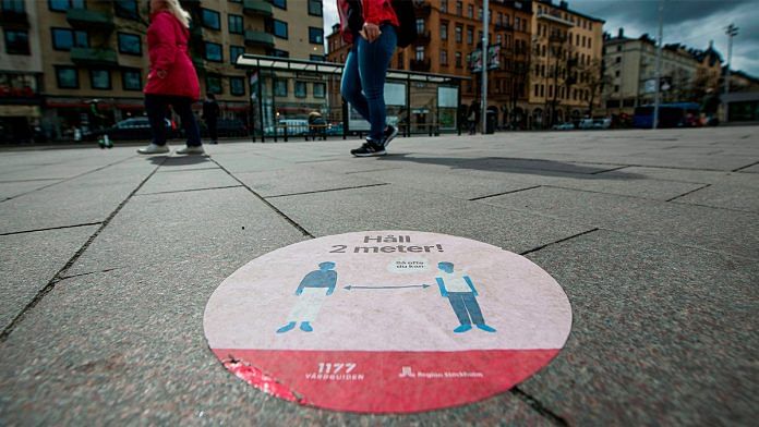Representational image| A sticker of the healthcare services in Stockholm to instruct people to follow the 2 meters rule during Covid crisis | Jonathan Nackstrand | Getty Images via Bloomberg