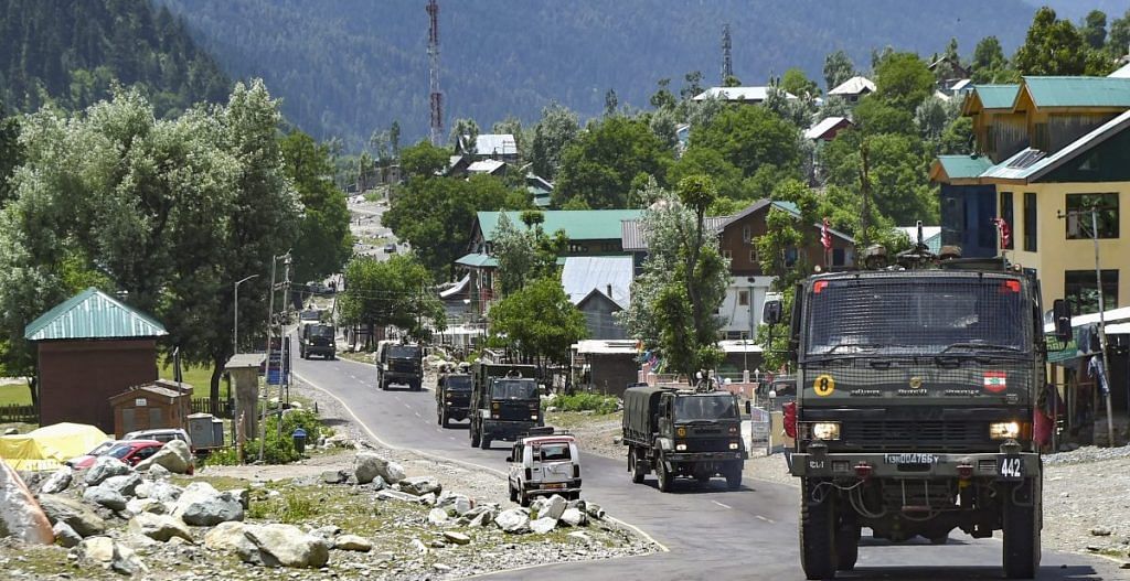 An Army convoy moves along the Srinagar-Leh National highway, in Ganderbal district of Central Kashmir, 17 June, 2020. | PTI