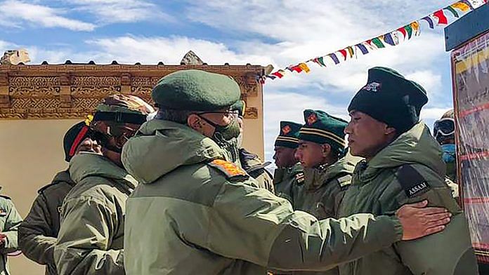 Army chief M.M. Naravane interacts with the troops while reviewing operational situations on the ground in Eastern Ladakh on 24 June