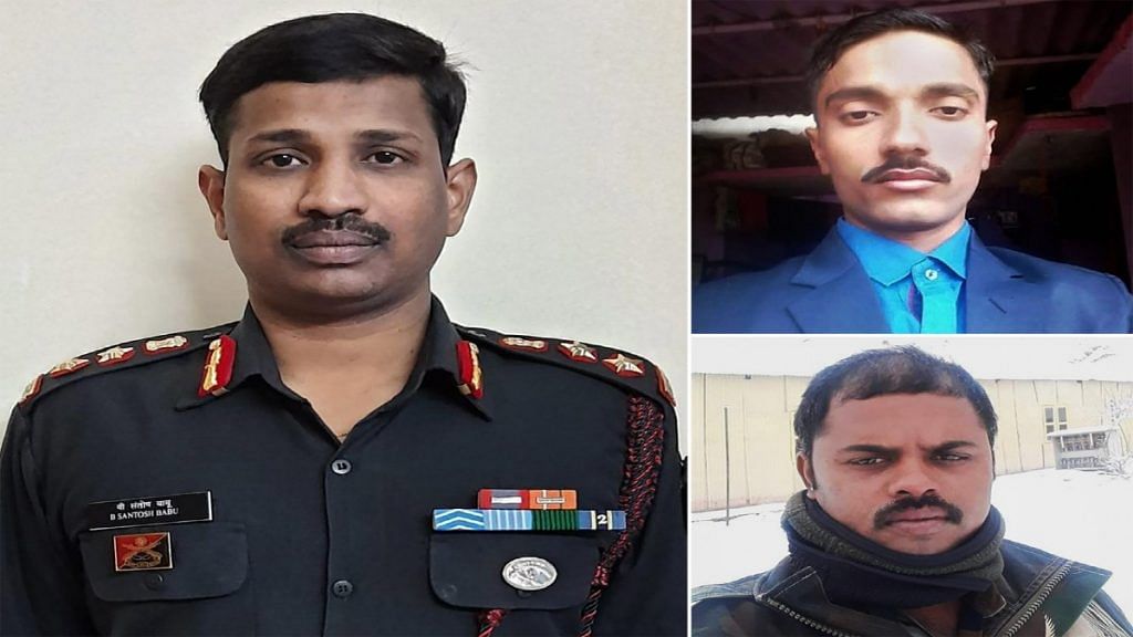(Clockwise from left) Colonel Santosh Babu, Sepoy Ojha and Havildar Palani, who were killed during a clash with Chinese troops in Ladkah on 15 June 2020 | PTI