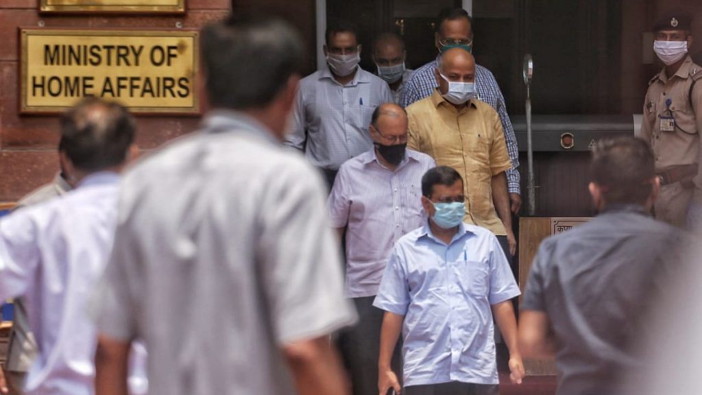 Delhi CM Arvind Kejriwal leaves with Deputy CM Manish Sisodia after a meeting with Union Home Minister Amit Shah at North Block in New Delhi Sunday | Praveen Jain | ThePrint