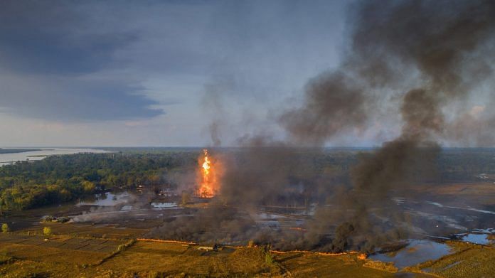 An aerial view of the Baghjan oil field engulfed in fire, in Tisukia, Assam, Tuesday, June 9, 2020. | PTI