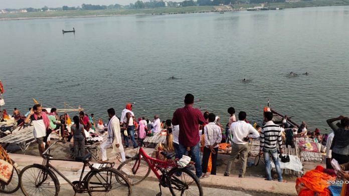 People throng a ganga ghat in Buxar, Bihar, on the occasion of Ganga Dussehra on 1 June 2020