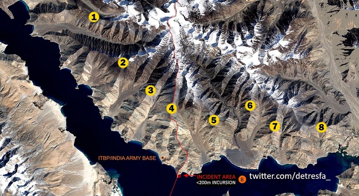 Pangong lake area and its eight fingers marked out, near LAC | Abhijit Iyer-Mitra | Twitter