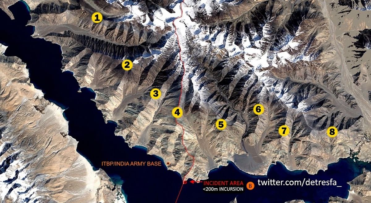 FEATURE IMAGE Pangong lake area and its eight fingers marked out, near LAC | Abhijit Iyer-Mitra | Twitter
