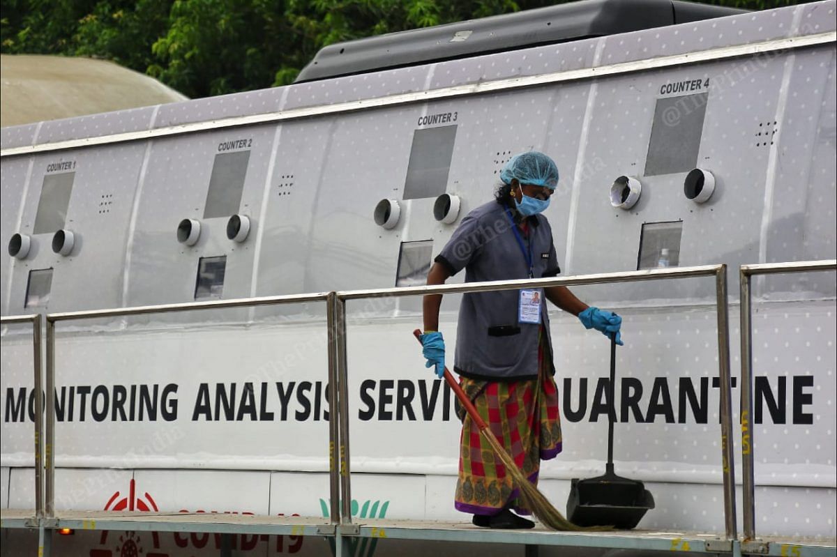 A woman sweeping in Quartine bus in Andhra Pradesh | Photo: Suraj Singh Bisht | ThePrint