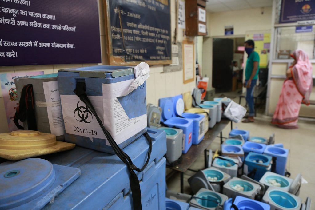 Boxes kept with kits at a dispensary in Sadar Bazar | Photo: Manisha Mondal | ThePrint