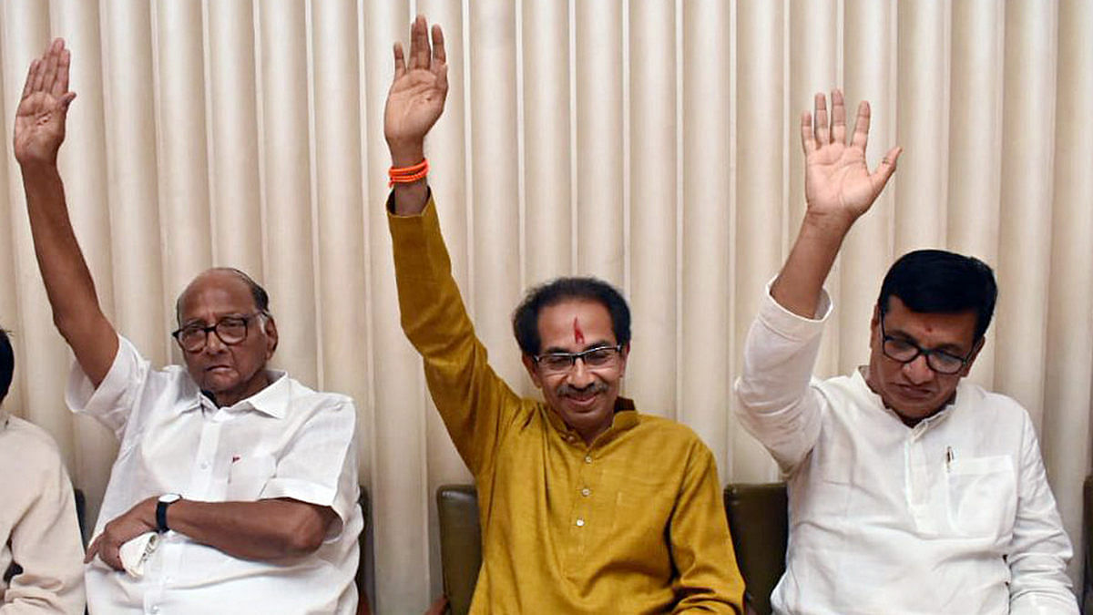 File image of NCP chief Sharad Pawar, Shiv Sena chief and Maharashtra CM Uddhav Thackeray and Revenue Minister Balasaheb Thorat of the Congress | Photo: ANI