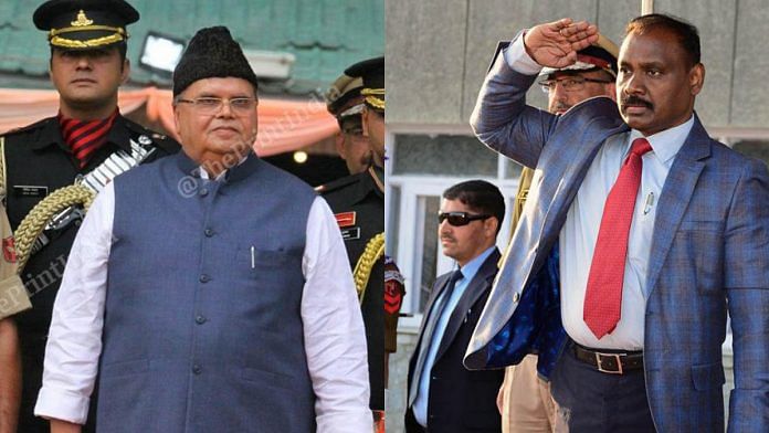 Former J&K governor Satya Pal Malik (left) and current Lieutenant Governor Girish Chandra Murmu | Photos: Praveen Jain/ThePrint and ANI