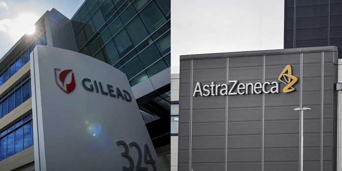 A combination photograph shows signage displayed outside Gilead Sciences Inc. headquarters in Foster City, California and the AstraZeneca Plc logo on an building at the company's facilities in Sodertalje, Sweden