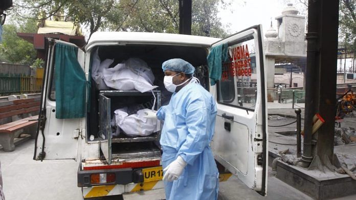 Bodies of Covid-19 patients stacked in a hearse van | Praveen Jain | ThePrint