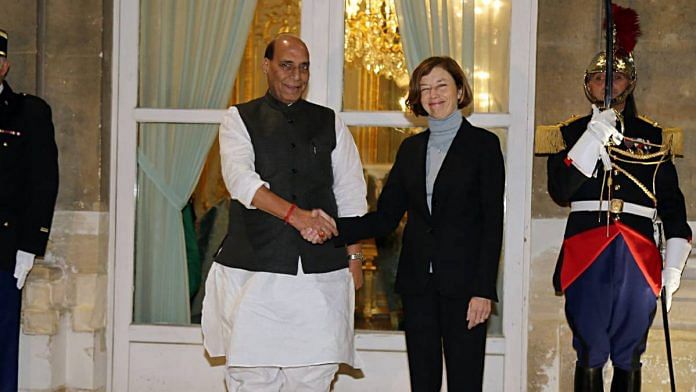 Defence Minister Rajnath Singh shakes hand with French Minister of Armed Forces, Florence Parly ahead of 2nd Annual Defence Dialogue in Paris in October 2019 | ANI File Photo