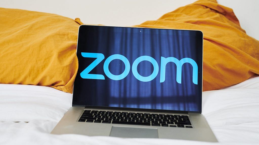 The logo for the Zoom Video Communications Inc. application seen on a laptop