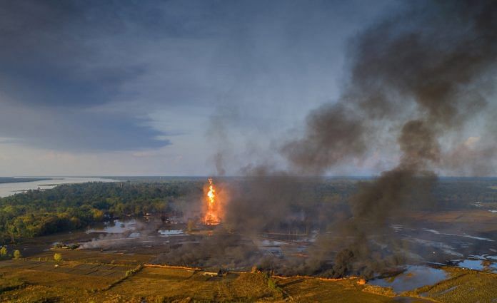 An aerial view of the Baghjan oil field engulfed in fire in Tinsukia, Assam on 9 June