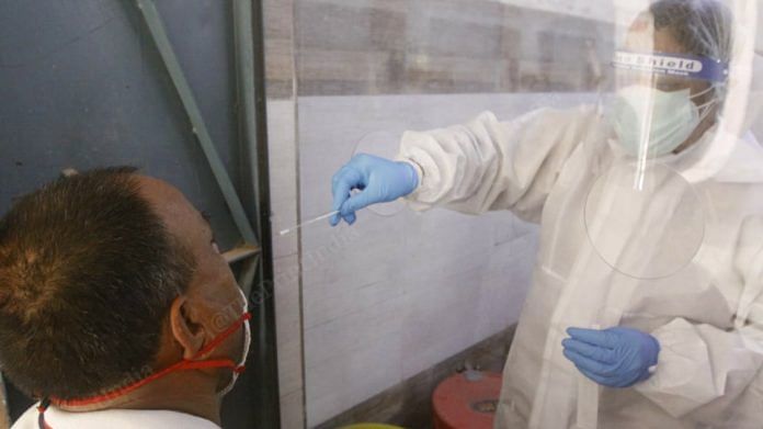 A testing centre in New Ashok Nagar, Delhi, using the new rapid antigen detection test kits | Photo: Praveen Jain | ThePrint