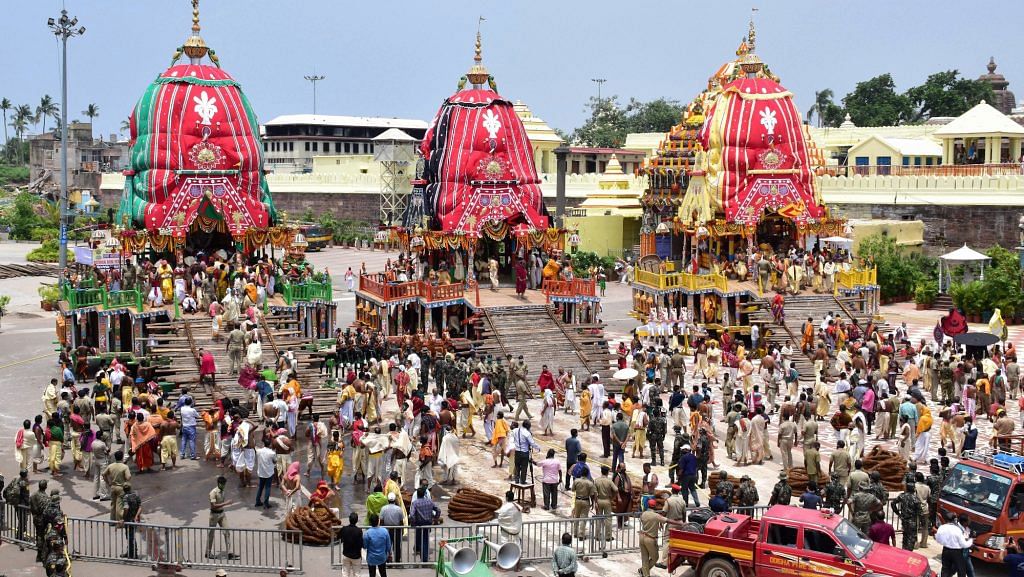 Chariots of Lord Balabhadra, Subhadra and Jagannath before a procession takes off during the Rath Yatra in Puri on 23 June