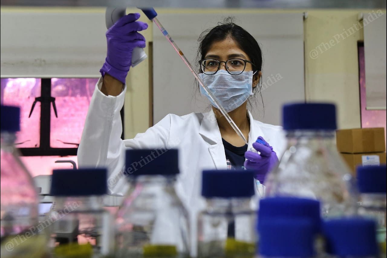 A CCMB scientist working at a lab in the institute premises in Hyderabad. | Photo: Suraj Singh Bisht/ThePrint