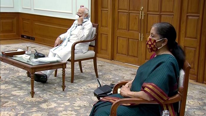 Narendra Modi and Nirmala Sitharaman during a Union Cabinet meeting in New Delhi on 3 June | ANI Photo