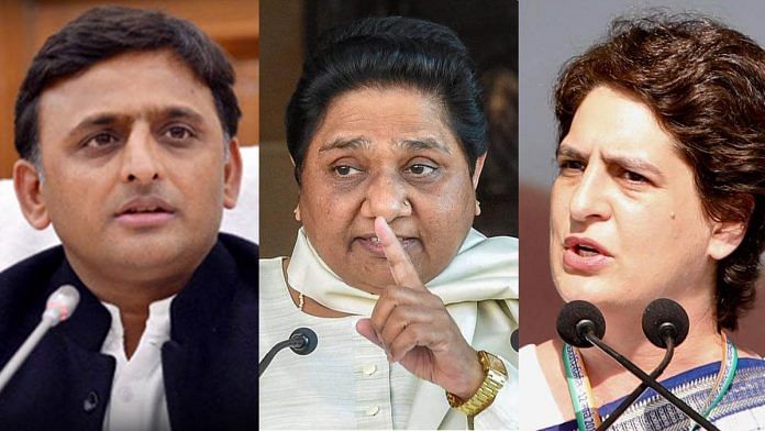 (From left to right) Samajwadi Party chief Akhilesh Yadav, BSP supremo Mayawati and Congress general secretary Priyanka Gandhi Vadra. | Photo: ThePrint