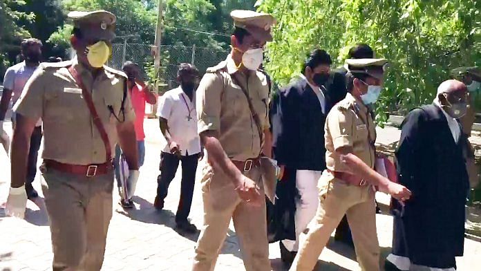 Thoothukudi DSP and Additional SP arrive at the Madurai Bench of Madras High Court in the matter related to the custodial death of a man and his son, in Chennai on Tuesday. | ANI