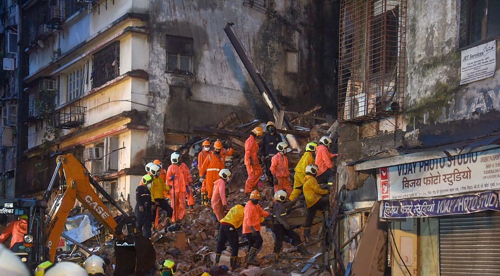 Rescue operation being carried out after a corner portion of an old six-story building collapsed at Fort area, in Mumbai, Thursday, 16 July, 2020.| PTI