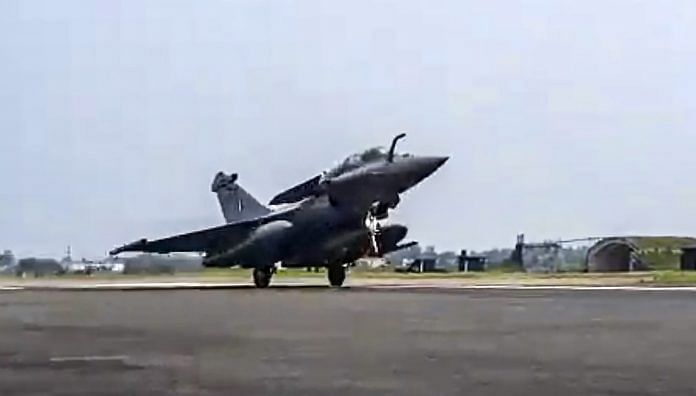 The first of five Rafale fighter jets, travelling from France, touches down at Ambala air base in Haryana | PTI