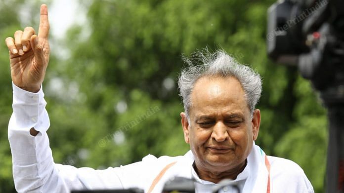 Rajasthan CM Ashok Gehlot addressing media outside Fairmont hotel in Jaipur on 20 July 2020 | Suraj Singh Bisht | ThePrint