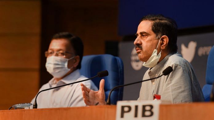 ICMR DG Dr Balram Bhargava (right) and OSD at the Ministry of Health Rajesh Bhushan at a press conference in New Delhi on 14 July 2020 | Atul Yadav | PTI