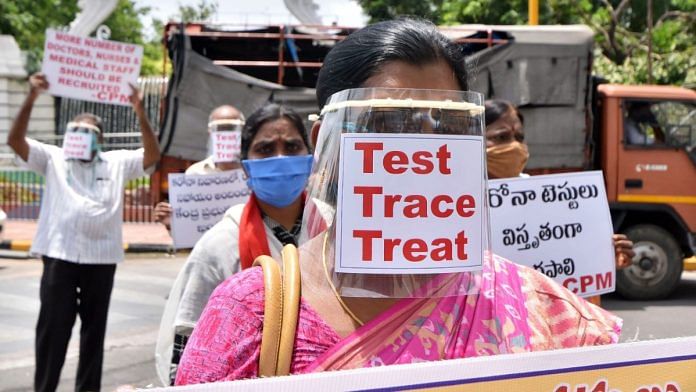 CPM State Committee members carry out a peaceful protest against the TRS government on Kairtabad X Road, in Hyderabad on 29 June 2020 | ANI