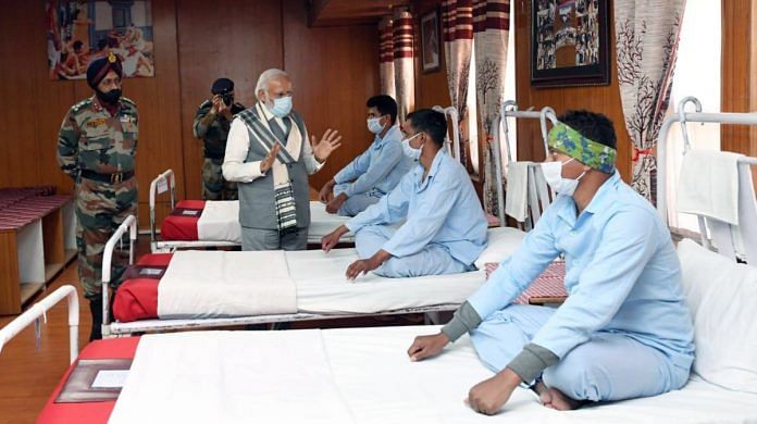 Prime Minister Narendra Modi meets soldiers who were injured in Galwan Valley clash, during his visit to Ladakh, in Leh on 3 July 2020 | ANI