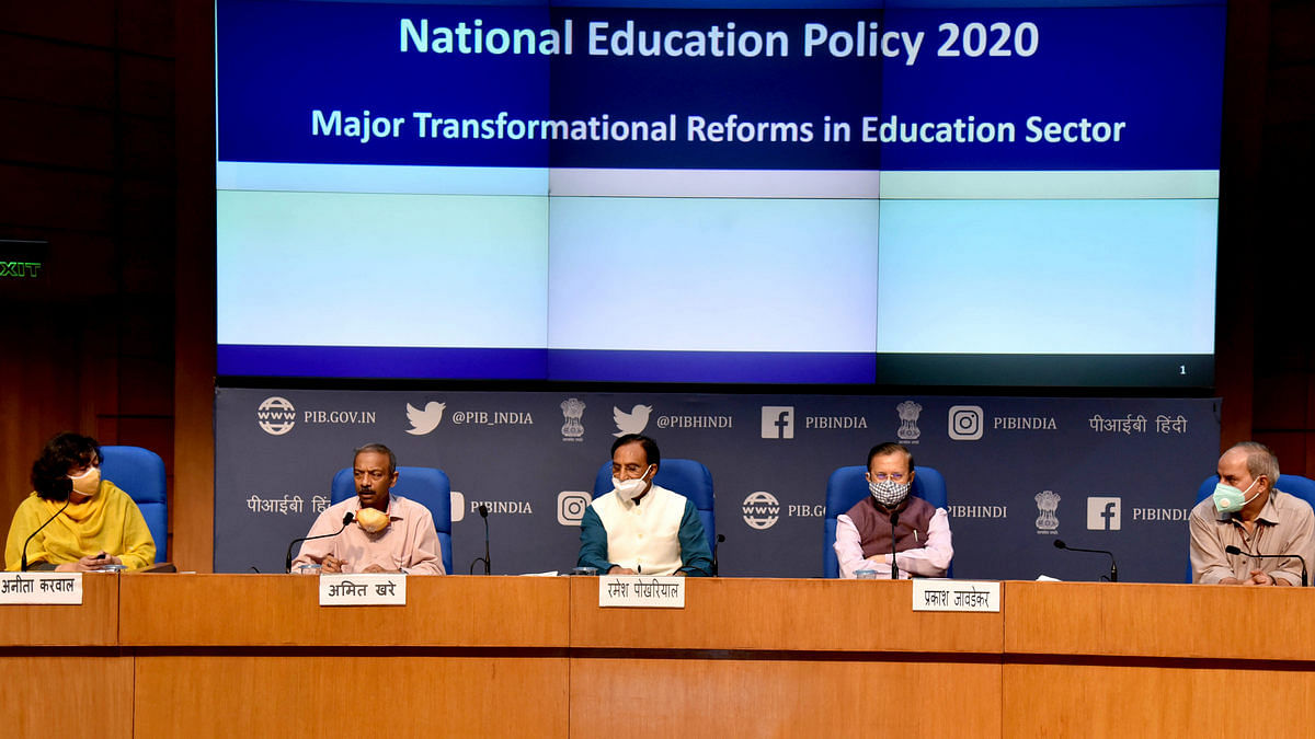 Union ministers Ramesh Pokhriyal 'Nishank' (centre) and Prakash Javadekar (second from right) with officials at the launch of the new National Education Policy Wednesday | Photo: ANI Union ministers Ramesh Pokhriyal 'Nishank' (centre) and Prakash Javadekar (second from right) with officials at the launch of the new National Education Policy Wednesday | Photo: ANI