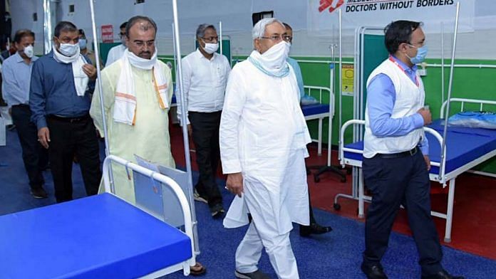 Bihar CM Nitish Kumar and Health Minister Mangal Pandey at a Covid ward in Patna | Photo: ANI