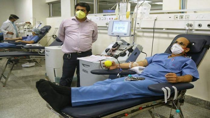 A recovered Covid-19 patient donates plasma at Delhi's new plasma bank, located at the Institute of Liver & Biliary Sciences, Thursday | Suraj Singh Bisht | ThePrint