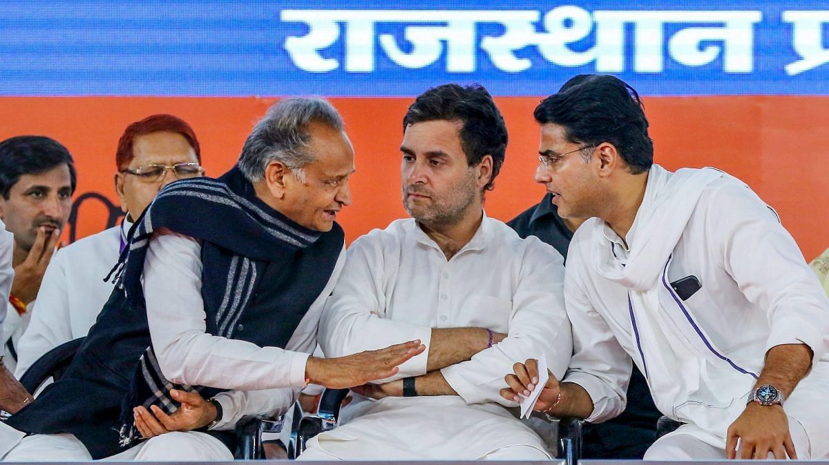 File photo of Rajasthan Chief Minister Ashok Gehlot, Congress leader Rahul Gandhi and Sachin Pilot during a party function in Jaipur | PTI Photo