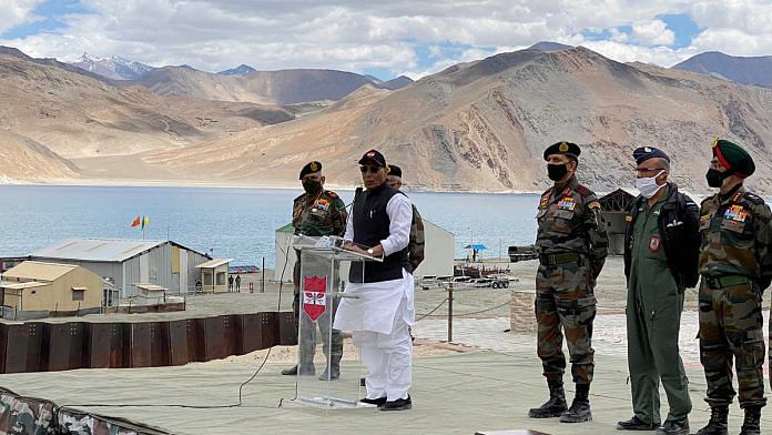 Defence Minister Rajnath Singh addresses troops at the Pangong Tso in Ladakh Friday | Photo: ANI