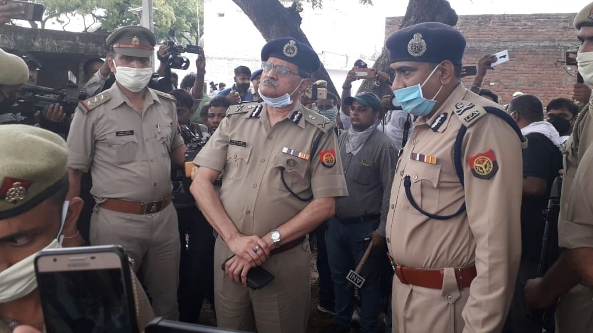 Uttar Pradesh DGP H.C. Awasthi (middle) at the crime spot in Kanpur on 3 July 2020 | Prashant Srivastava | ThePrint