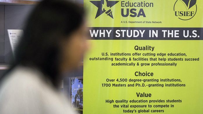 File photo of a poster at the United States-India Education Foundation in Mumbai on