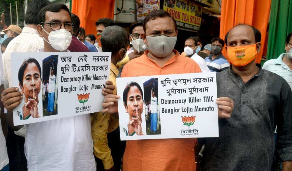 BJP supporters hold a protest in Kolkata Monday in the wake of West Bengal MLA and party colleague Debendra Nath Roy's mysterious death | ANI
